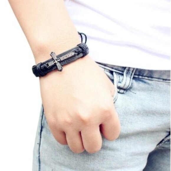 Black Leather Bracelet with Cross - Picture 2 of 5